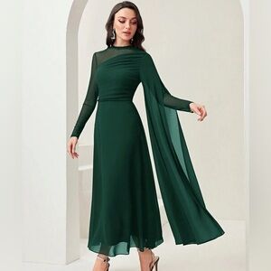 SHEIN Emerald Green Long Sleeve Sheer Cape Evening Dress